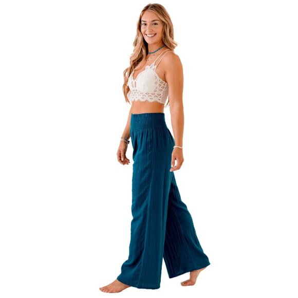 Lotus & Luna Wide Leg Cotton Pants in Color: Pacific Dark Teal Blue S - Picture 7 of 16